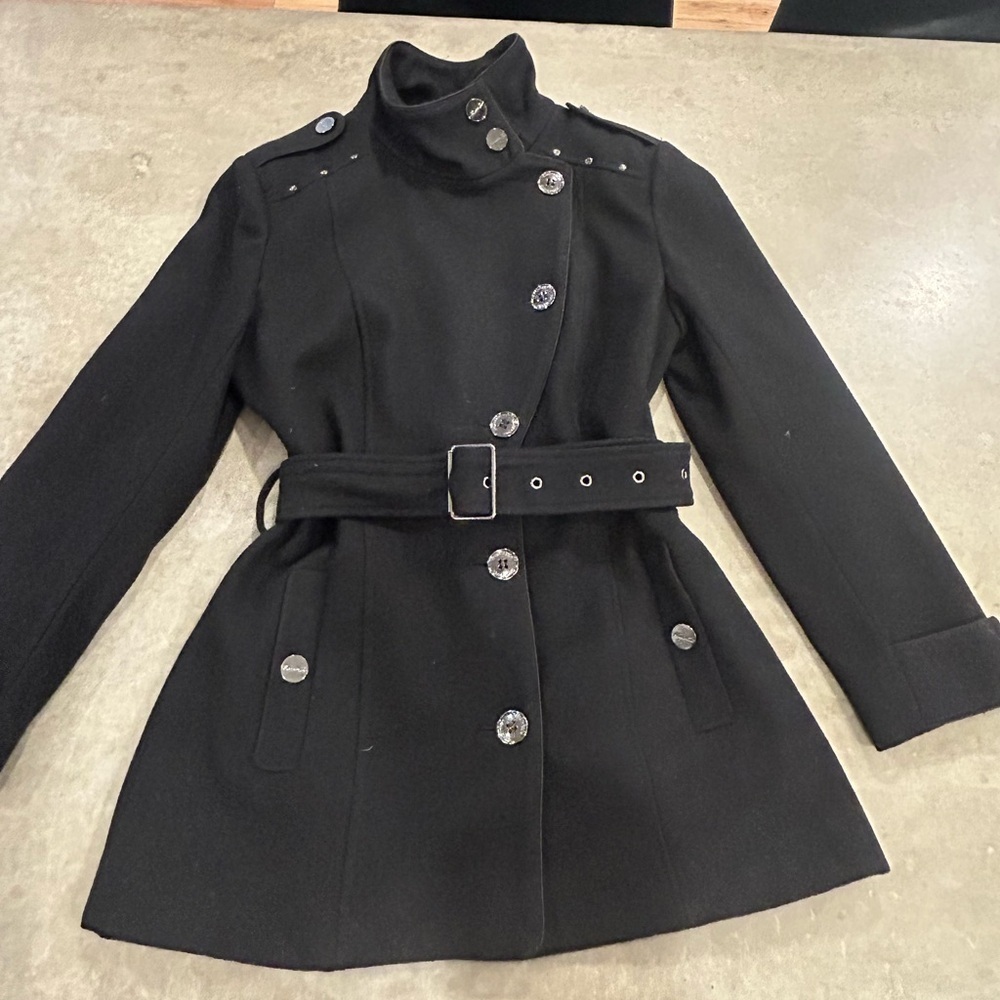 Kenneth Cole woman’s wool blend military style coat. Blackest black with silver